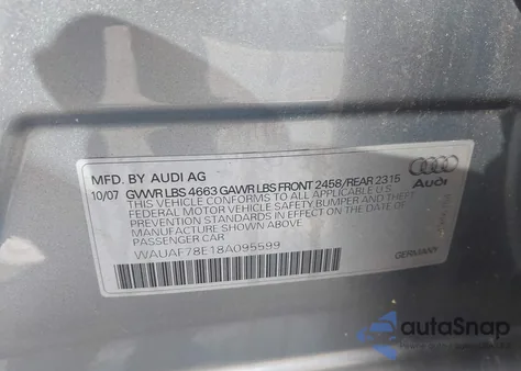 2008 Audi A4 2.0T из США, поврежденный, VIN WAUAF78E18A095599